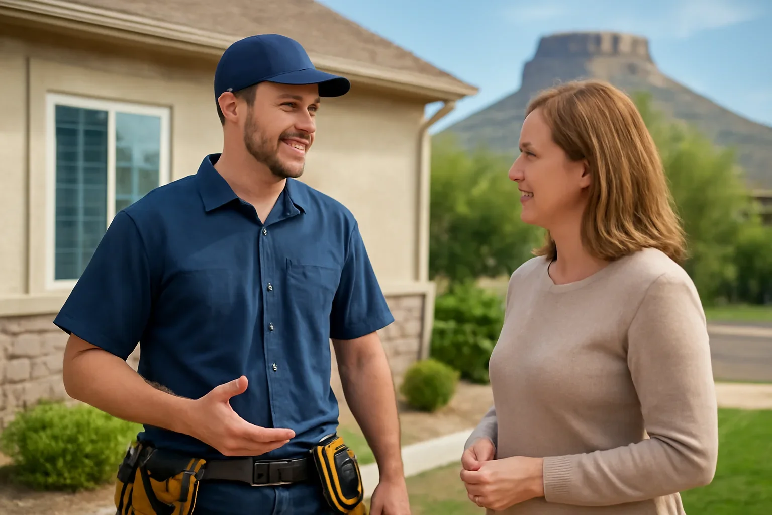 Electrician discussing an electrical project with a Pilot Butte property owner