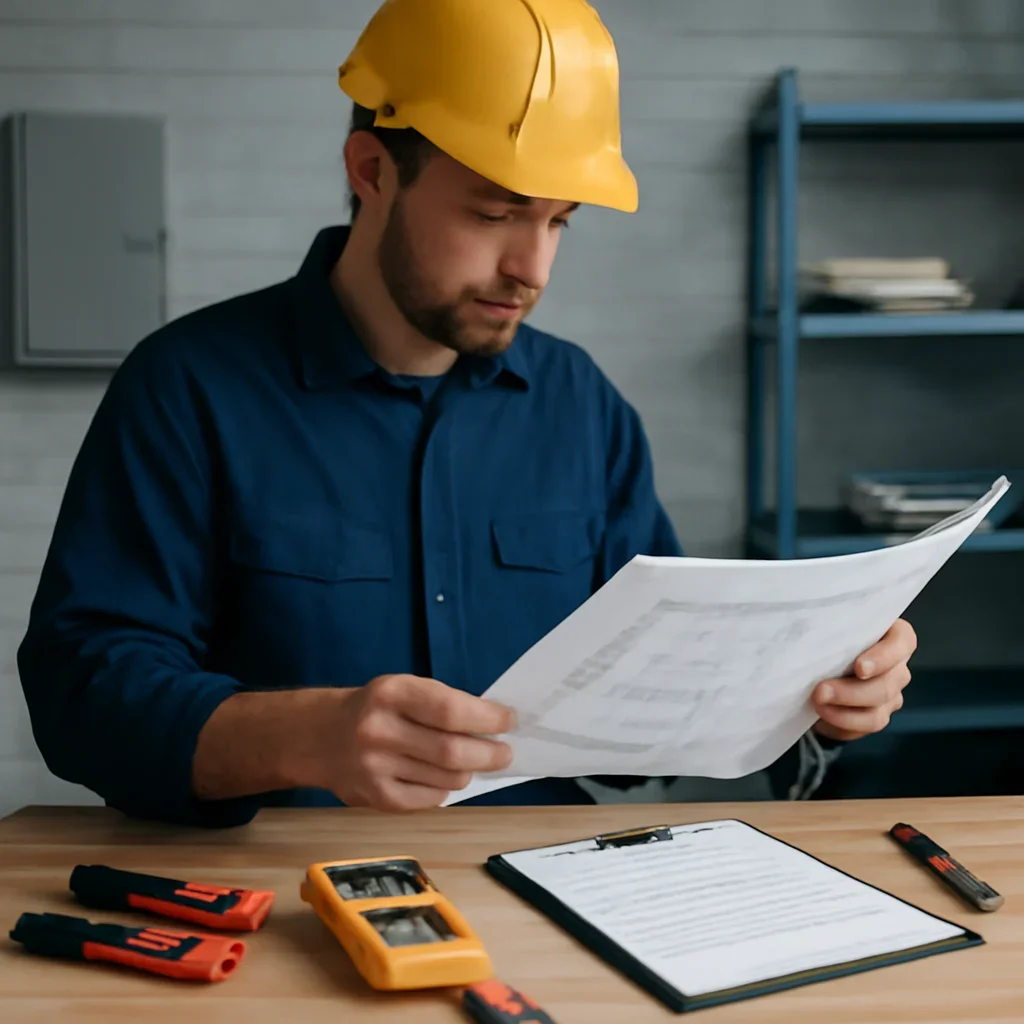 Electrician reviewing plans for a Pilot Butte electrical installation
